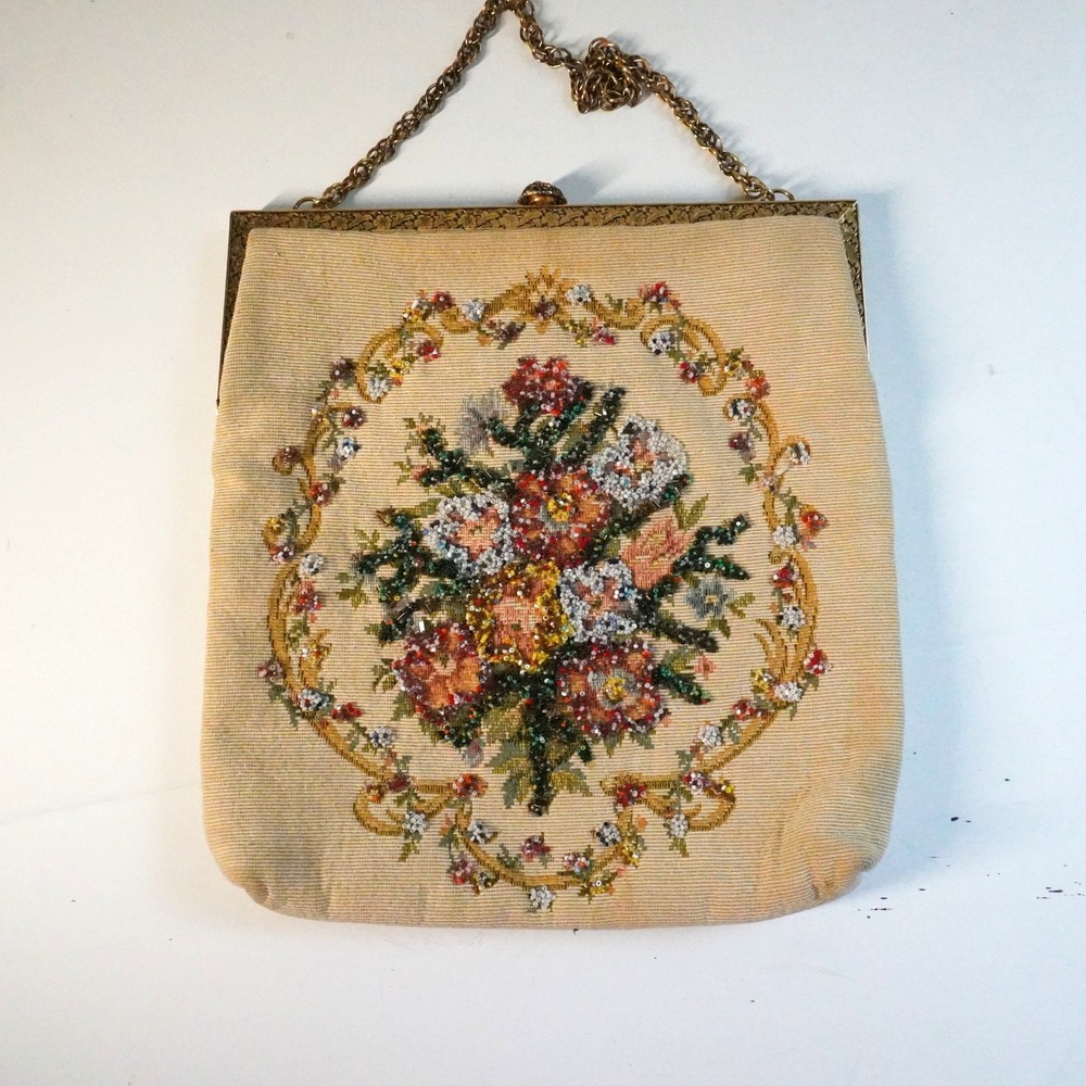 Vintage Delill Floral Beaded Tapestry Handbag Evening Bag‎ Party Purse